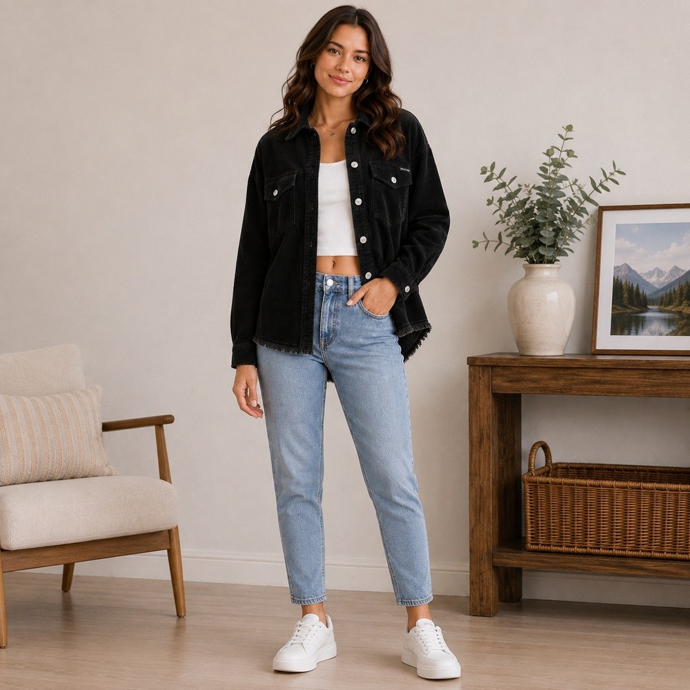 Calvin Klein Shirt Women M Black Corduroy Cropped Frayed Hem Shacket